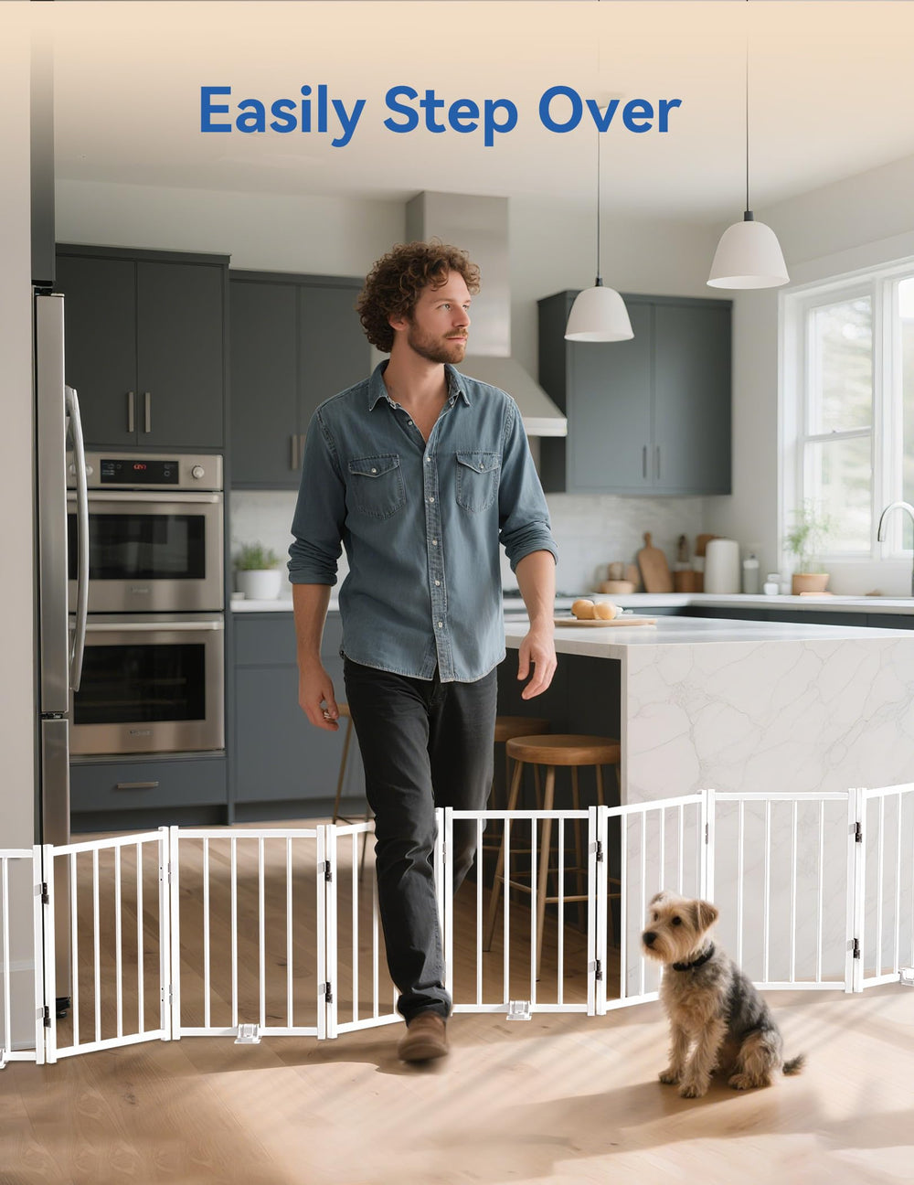 BFNN step-over design dog gate allows easy passage while containing pets.