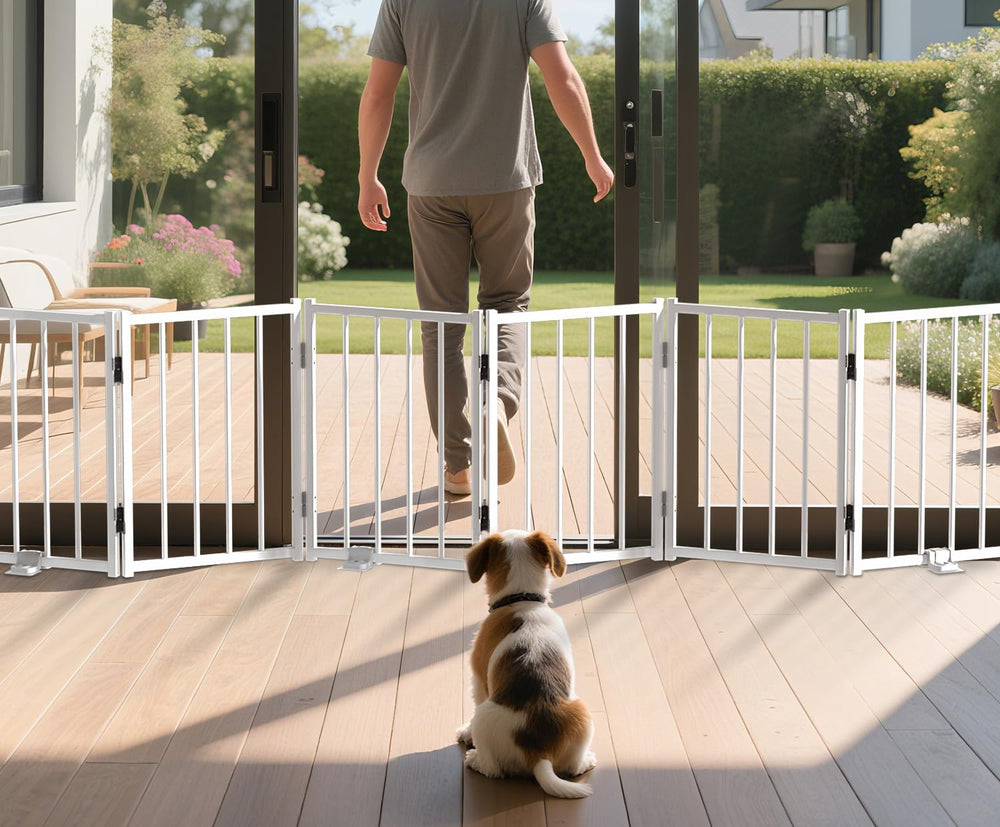 BFNN free-standing dog gate in lifestyle setup shows quick, tool-free placement.