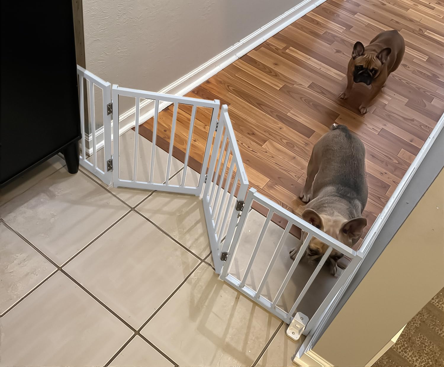 BFNN free standing gate fully set blocks stairs for a safe puppy zone indoors
