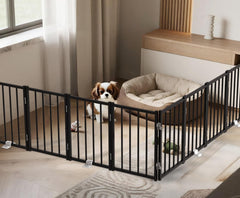 BFNN Metal Short Dog Gate demonstrated as freestanding doorway barrier