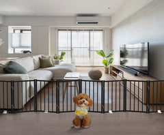 BFNN Metal Short Dog Gate shown in outdoor use as a freestanding pet barrier
