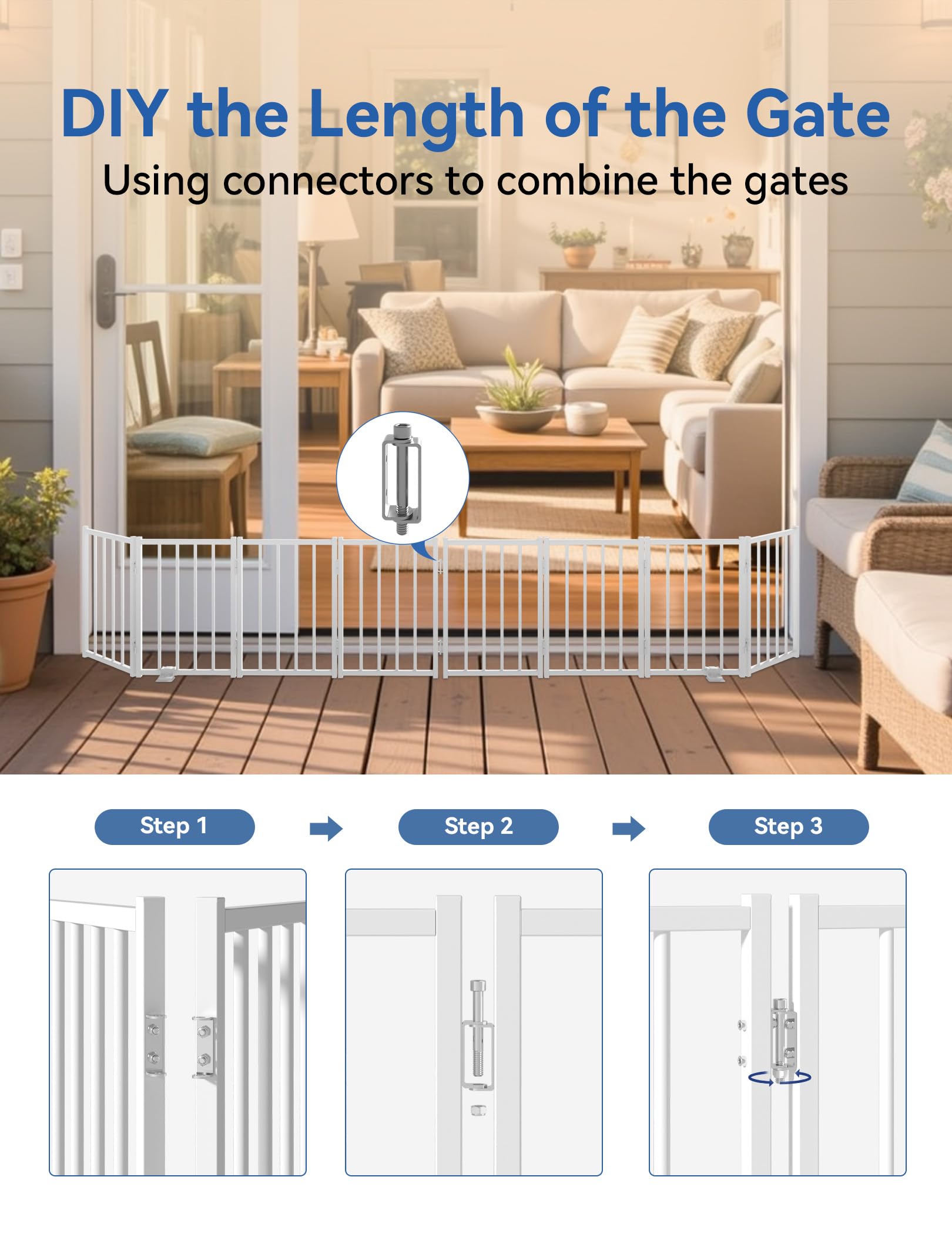 BFNN white gate in stairs setup, portable barrier for pets