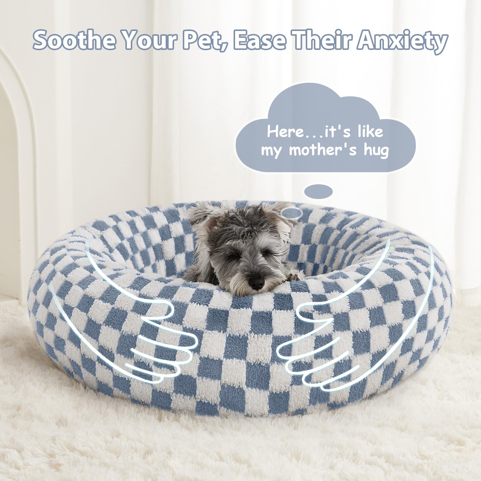 BFPETHOME donut dog bed blue living-room scene shows stylish addition to home.