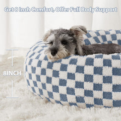 BFPETHOME donut dog bed blue plush closeup illustrates soft texture ideal for puppies.