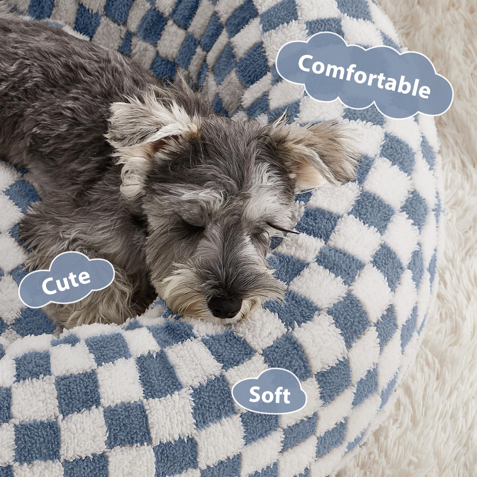 BFPETHOME donut dog bed blue puppy-sleep closeup plush fabric for cloud-like warmth.