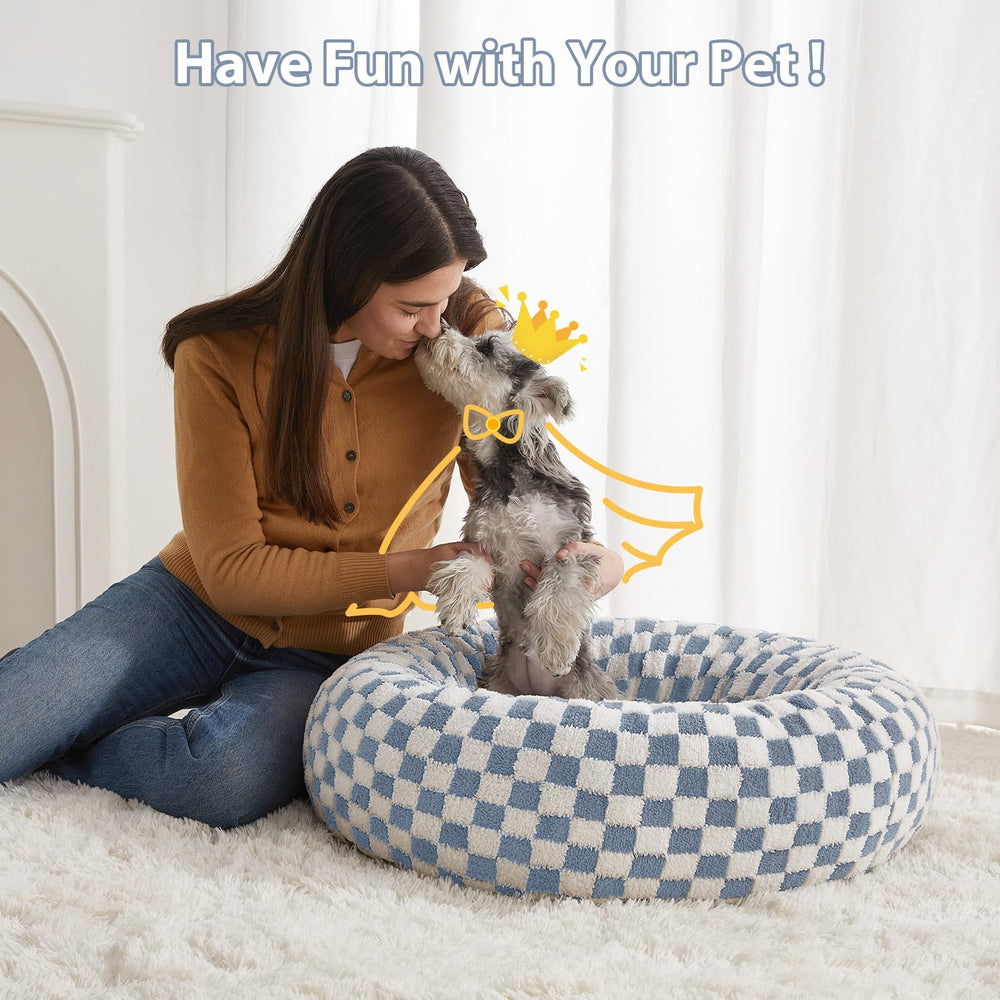 BFPETHOME donut dog bed blue surface demonstrates machine-washable plush fabric