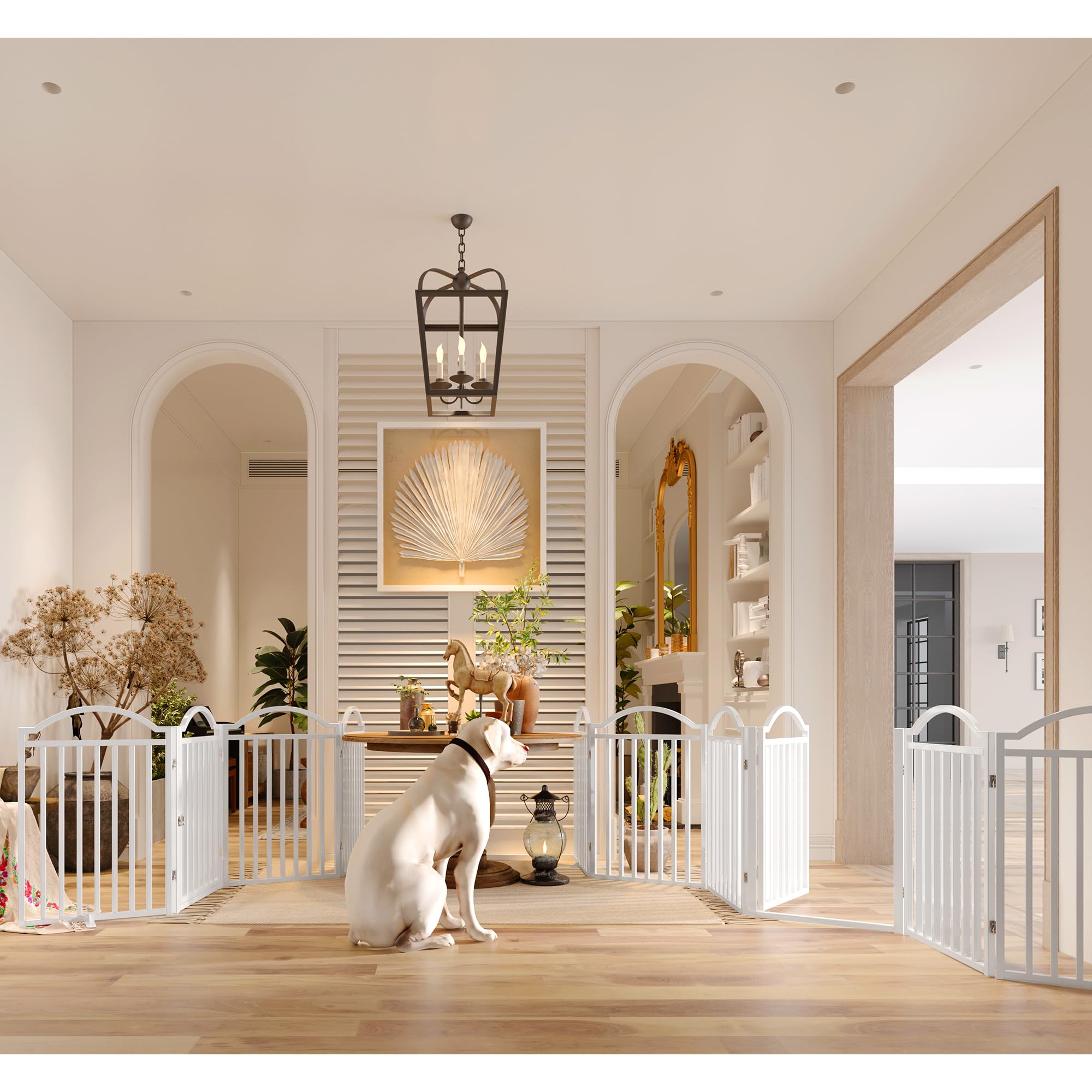 BHG dog gate with door walk-through feature enables easy pet passage.