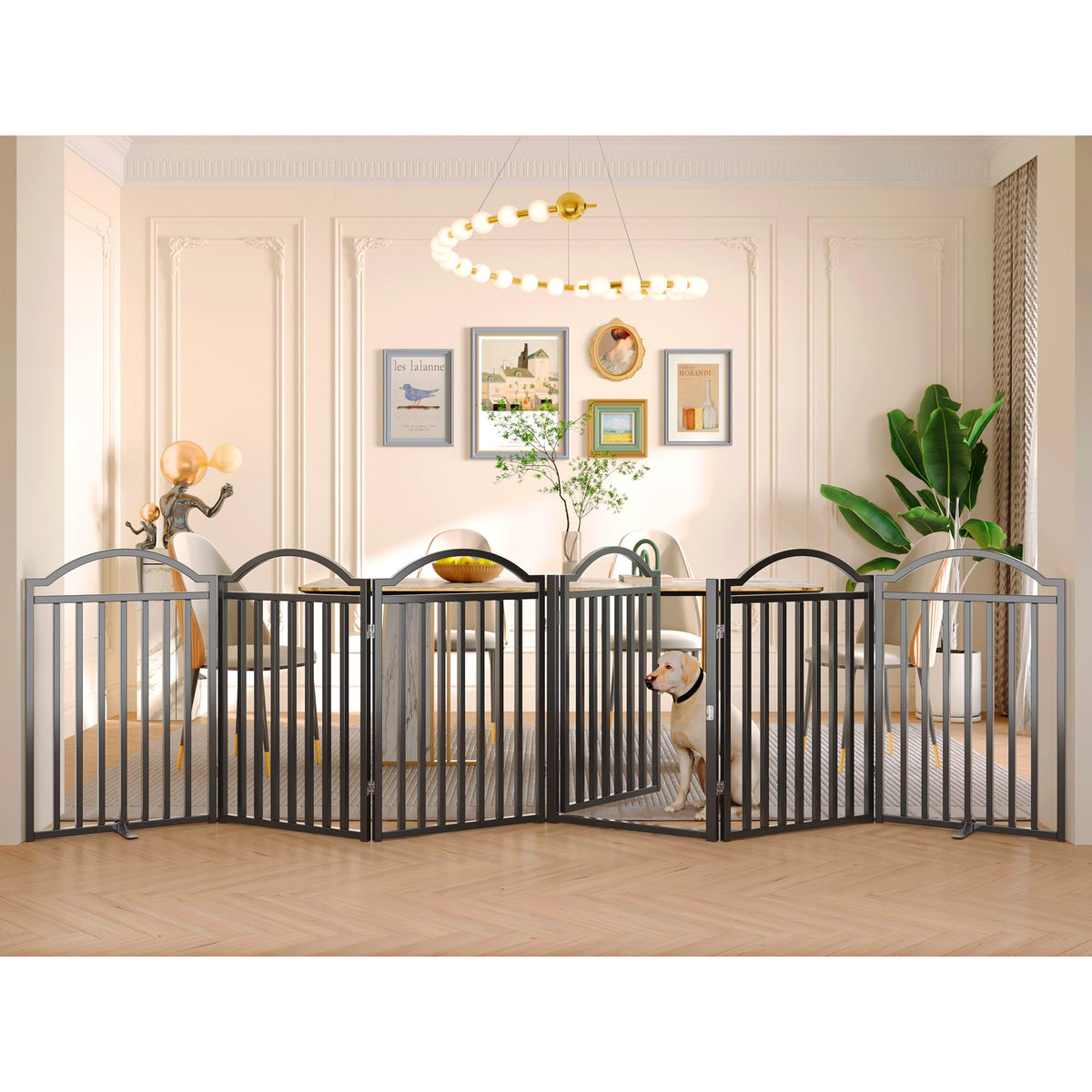 BHG metal no-assembly dog gate front view demonstrates a sturdy barrier for large openings
