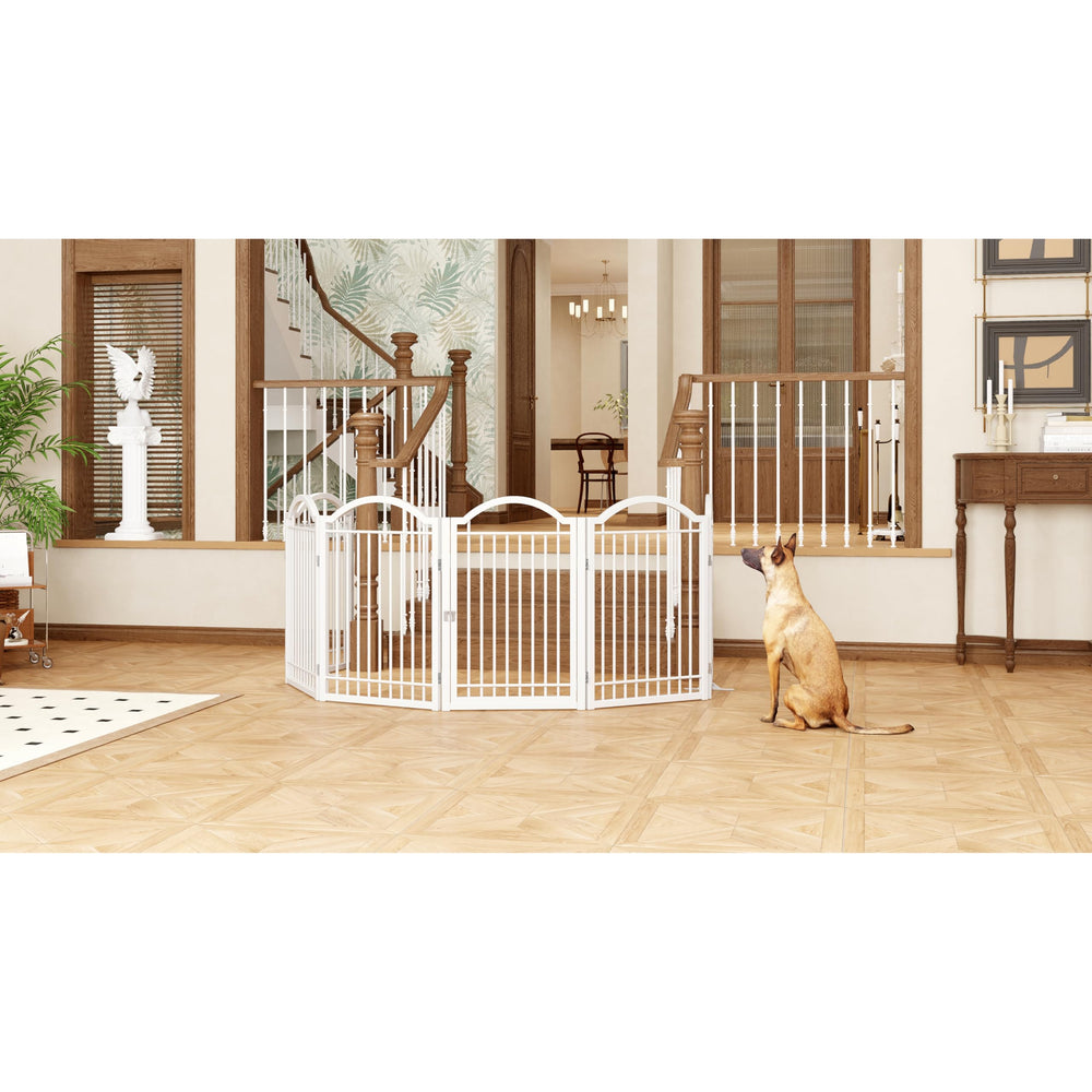 BHG in-use photo shows freestanding gate keeping pets safe in open space