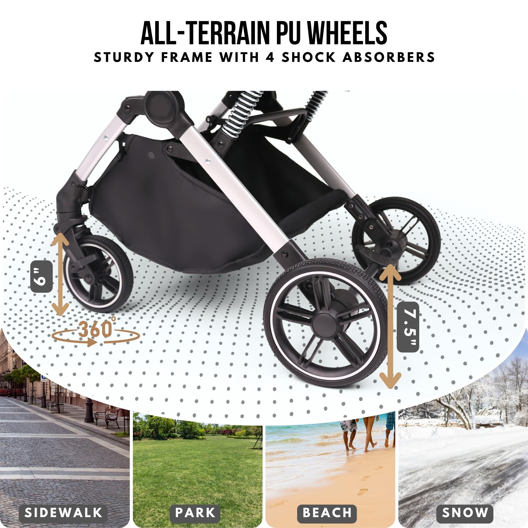 Bicystar Pet Stroller all-terrain wheels tackle sidewalks, grass, and gravel with comfort.