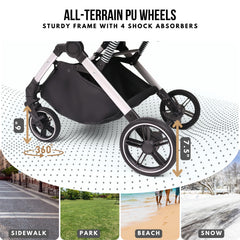 Bicystar Pet Stroller all-terrain wheels tackle sidewalks, grass, and gravel with comfort.