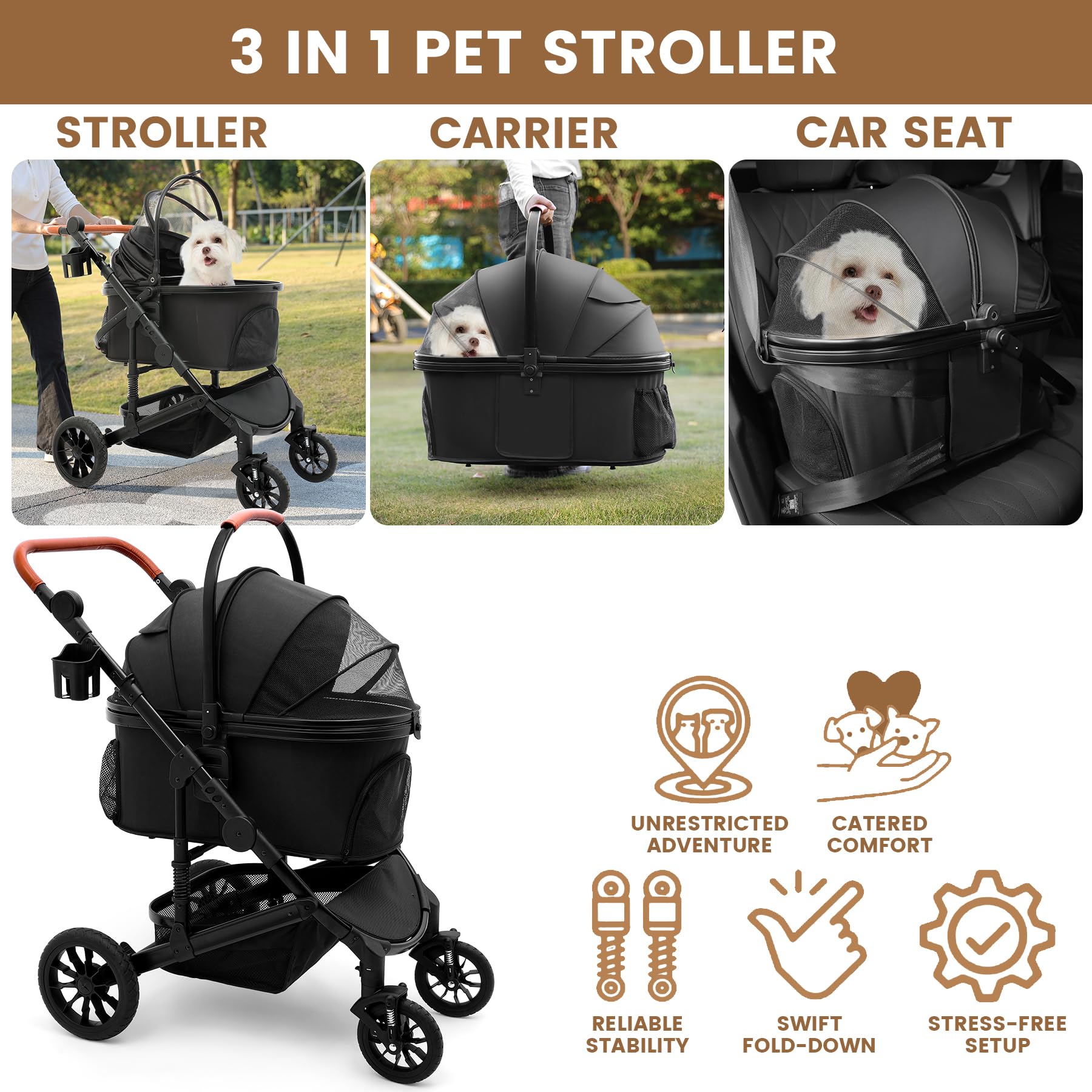 Bicystar pet stroller in compact-fold mode simplifies storage and travel between errands