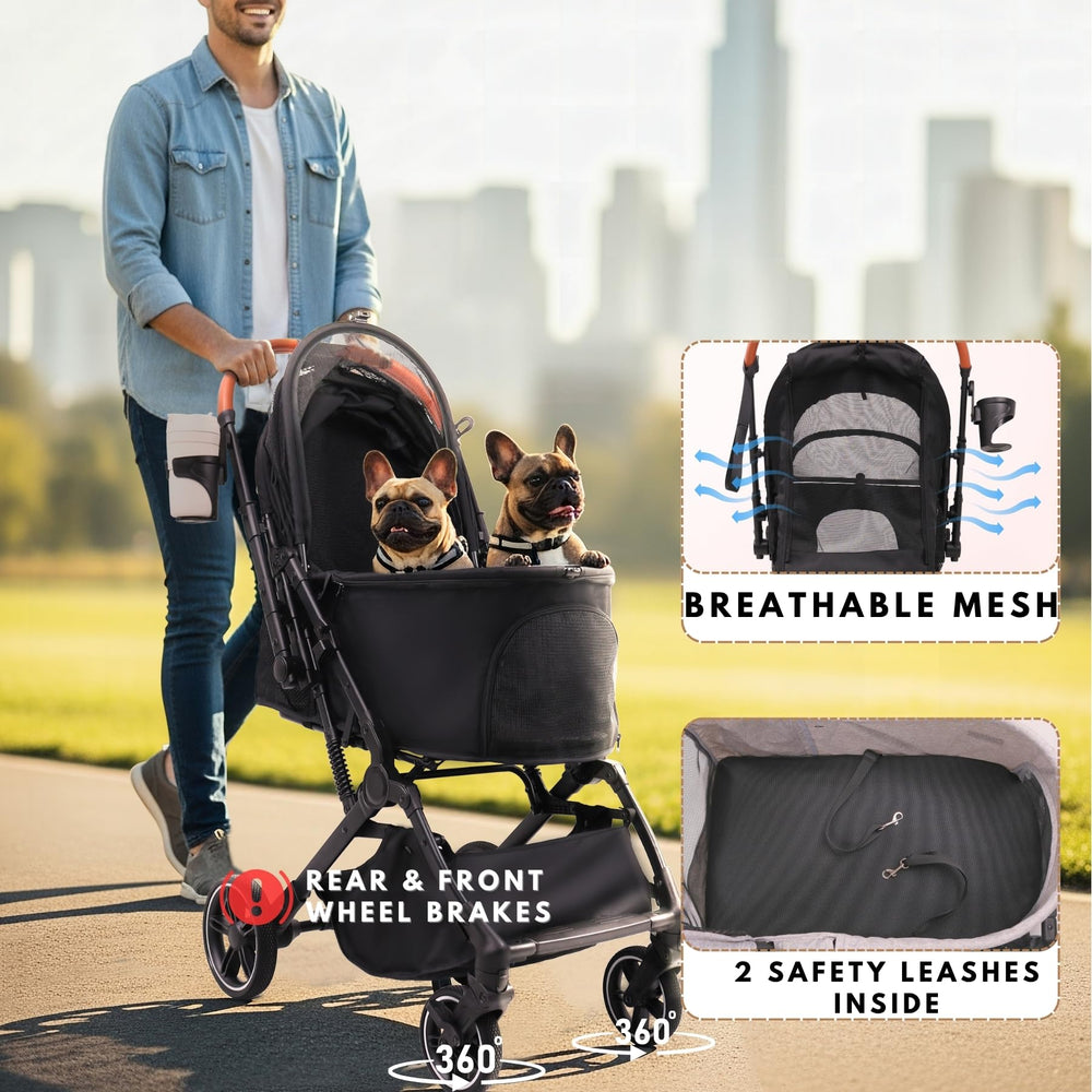 Bicystar Pet Stroller dual-leash attachments keep pets secure during outings.