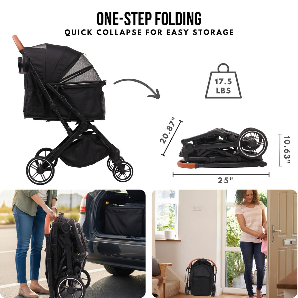 Bicystar Pet Stroller storage and cup holder support on-the-go essentials.