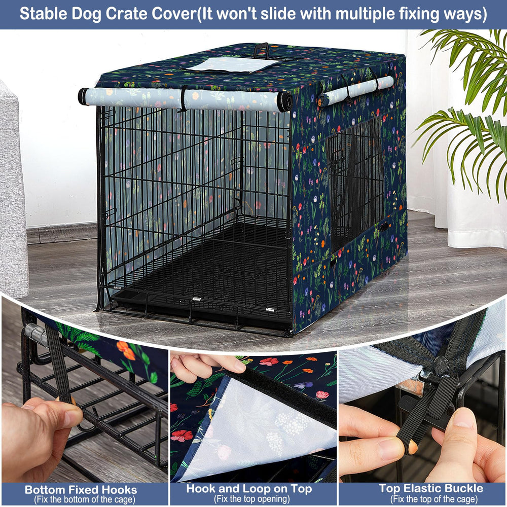 Bienbee dog crate cover interior view highlights secure elastic hooks for stable fit.
