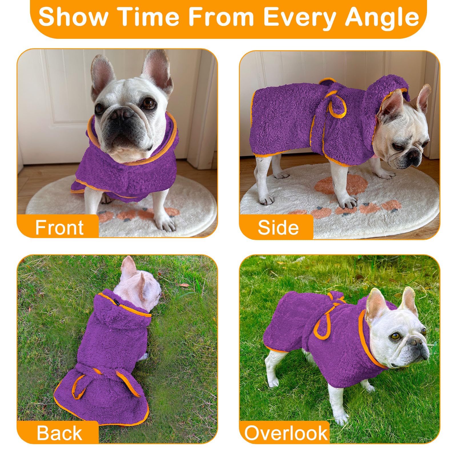 Bienbee purple dog bathrobe worn after bath for cozy drying.