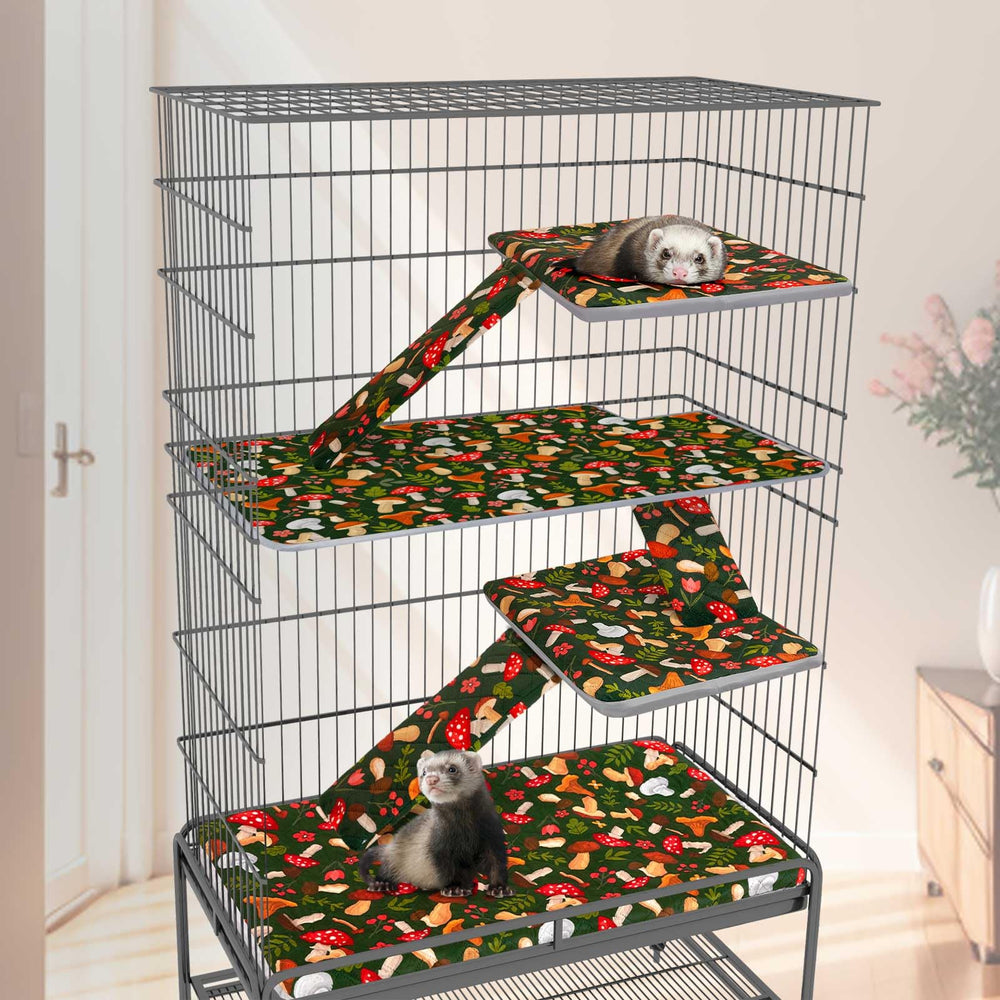 Bienbee ferret cage liner close-up fabric texture with Green Mushroom print for soft comfort.