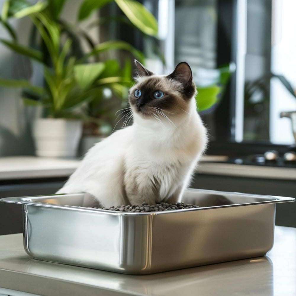 BierBear stainless steel litter box interior close-up illustrates easy cleanup after use.