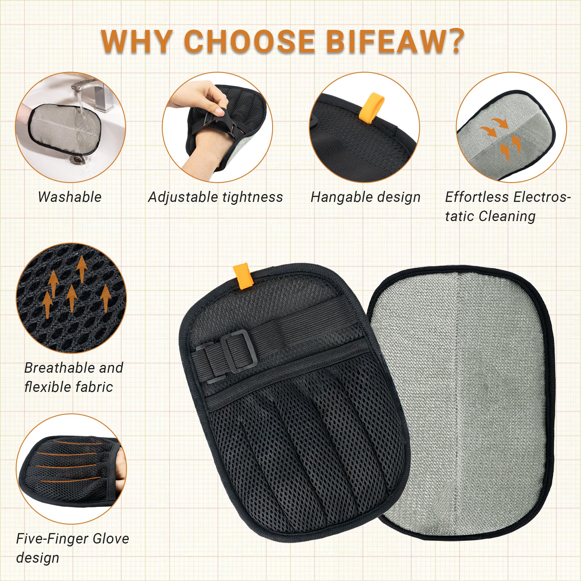 Bifeaw Pet Hair Removal Glove washable material emphasizes reusable design and easy rinsing after use