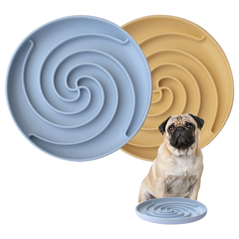 Bifeaw slow-feeder dog bowl blue-yellow top view promotes mindful eating.