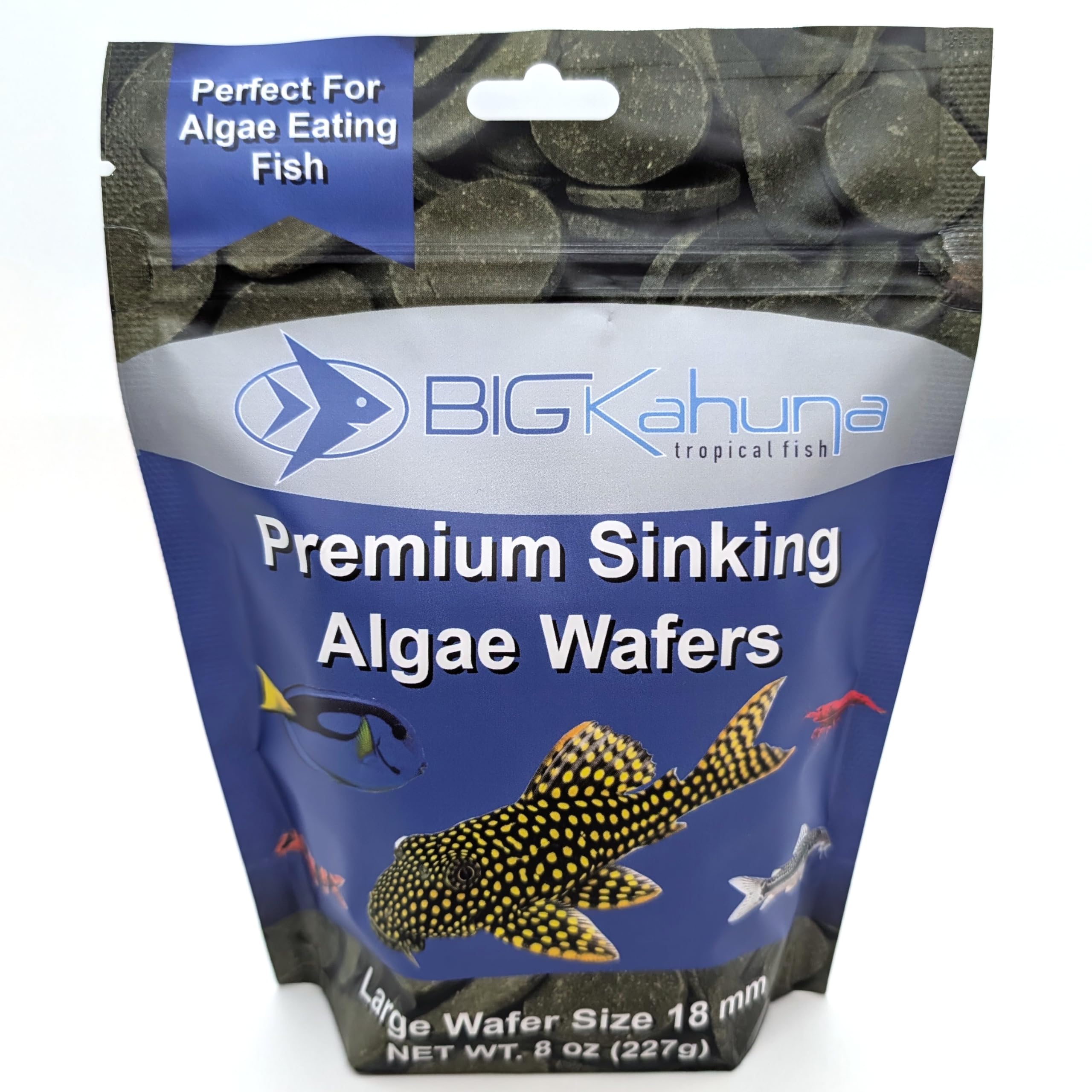 BIG KAHUNA TROPICAL FISH algae wafer packaging highlights freshness for bottom feeders.
