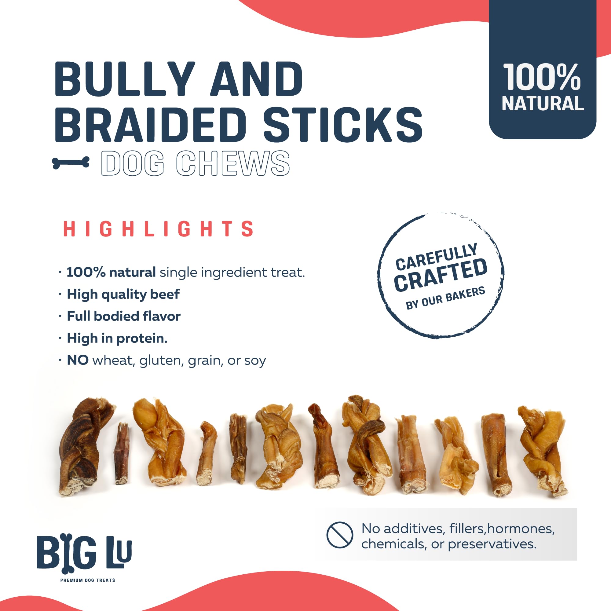 Big Lu bully sticks in thin, braided, and jumbo sizes for all dogs