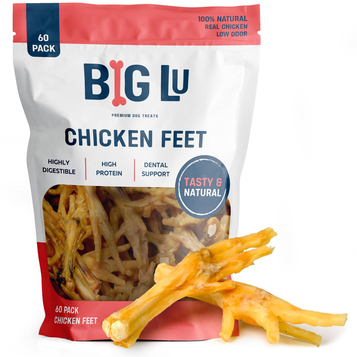 Big Lu nail-free chicken feet dog chews pack, natural long-lasting dental support.