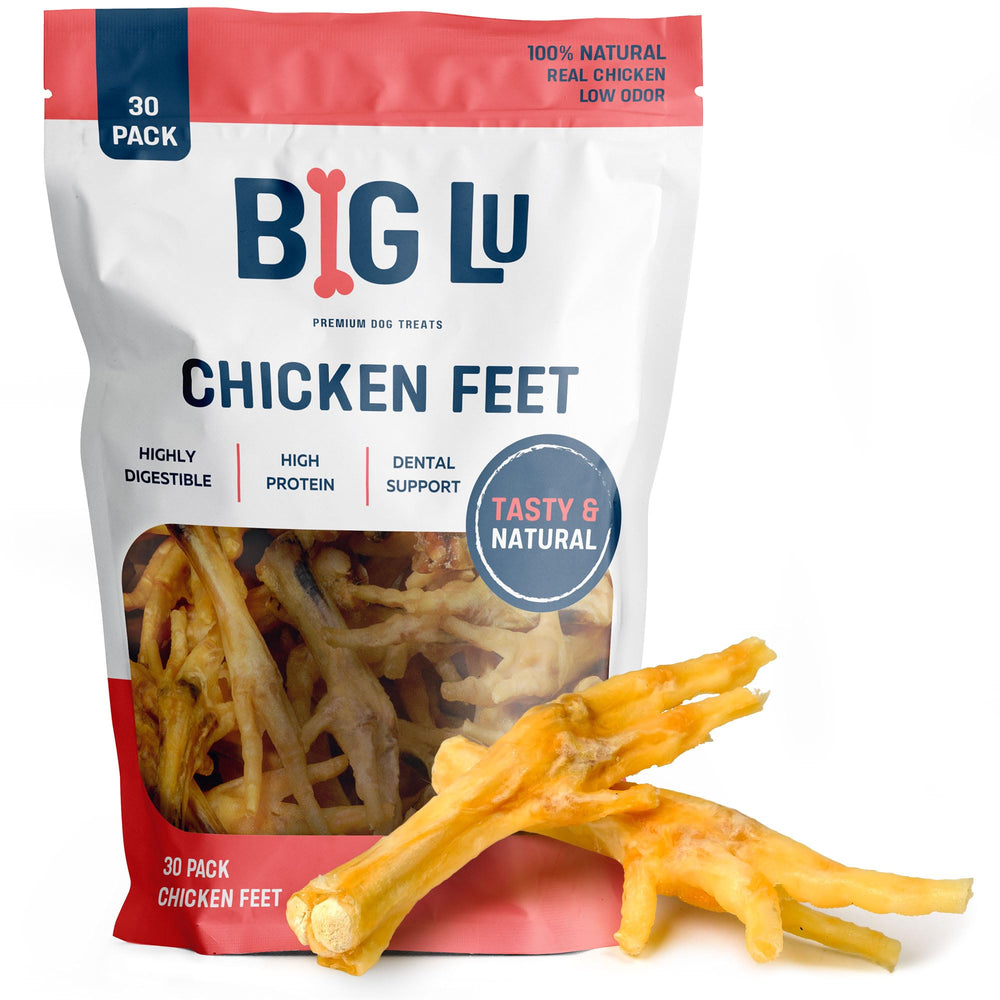 Big Lu nail-free chicken feet packaging — clean, convenient chew option for dogs.