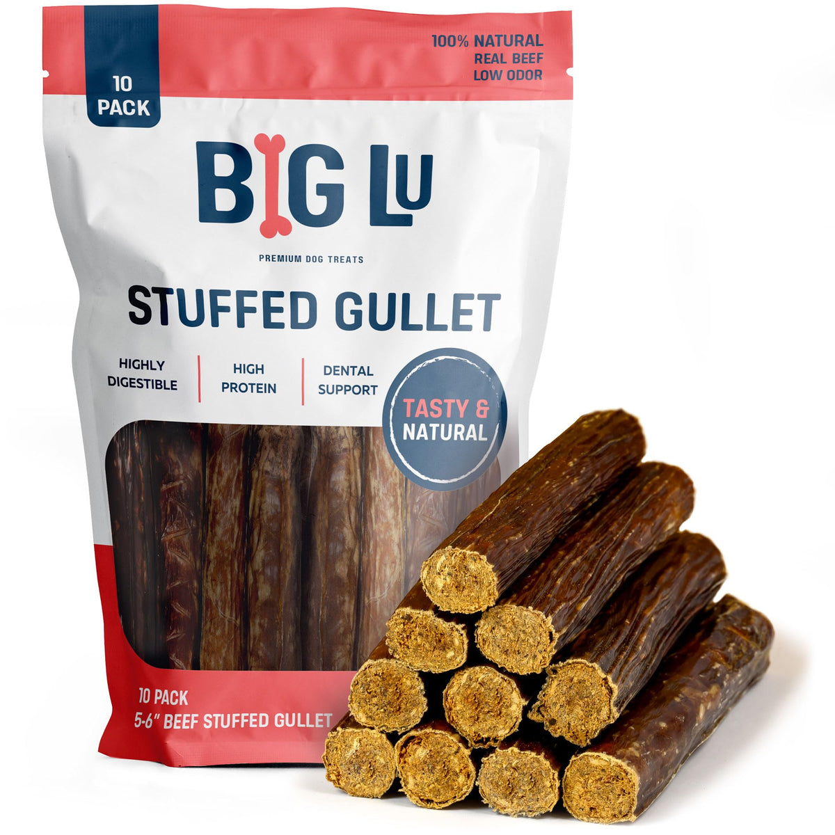 Big Lu packaged 6-inch stuffed beef jerky sticks ideal for long-lasting chew sessions