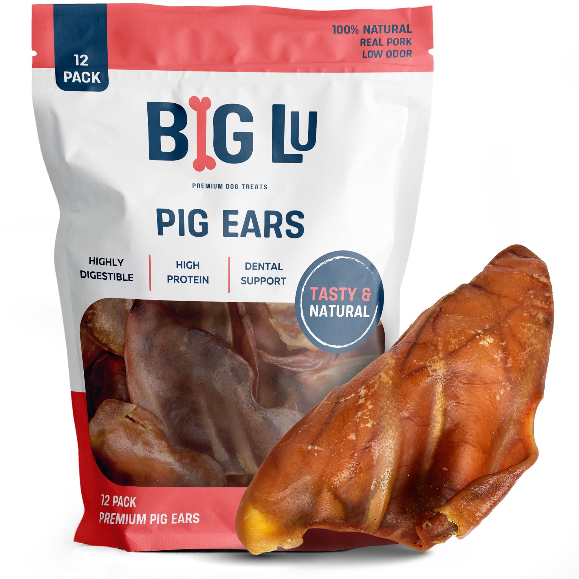 Big Lu Pig Ears packaging highlights ethical sourcing for a trusted, natural dog treat