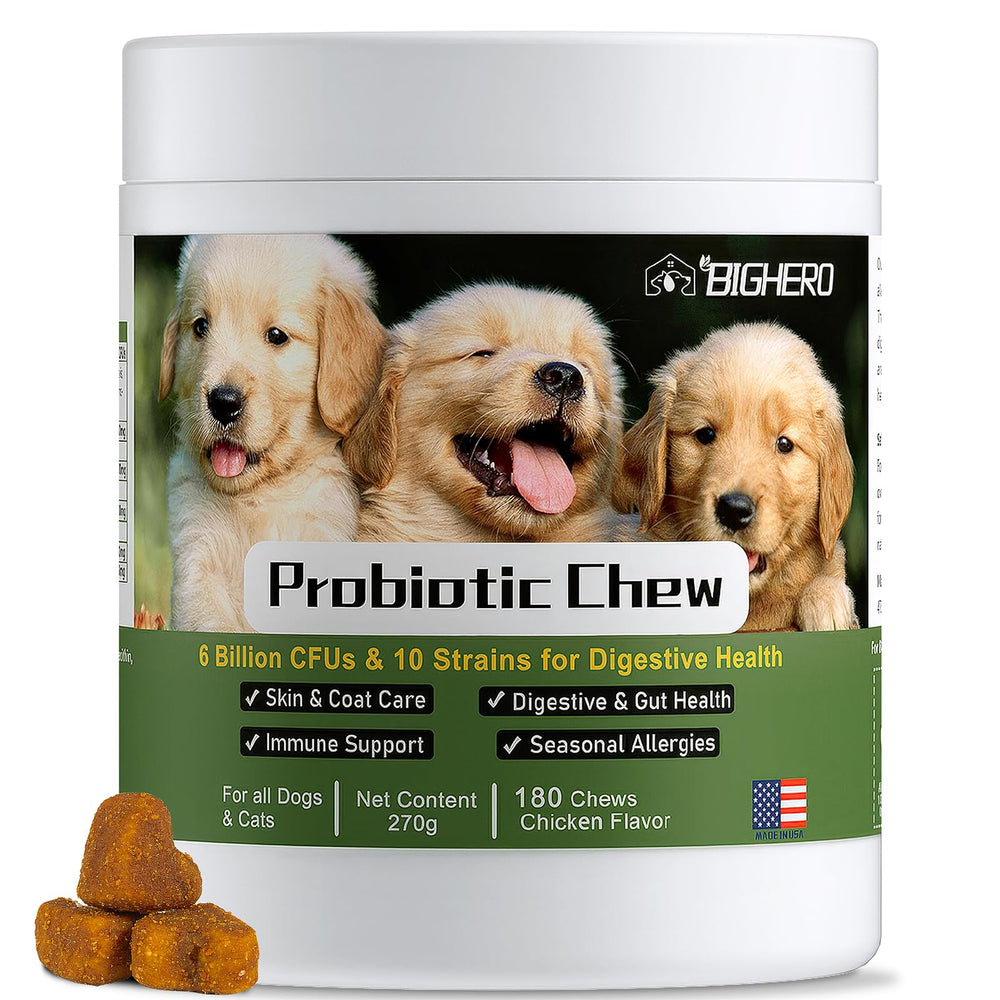 BIGHERO Probiotics for Dogs chicken-chews support digestion and are highly palatable.