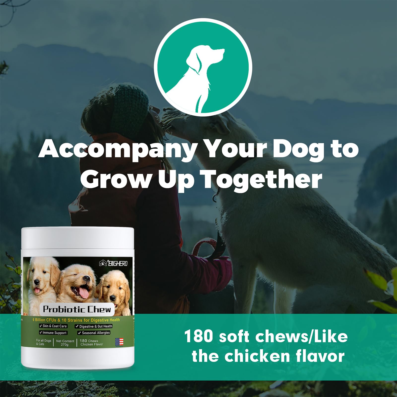 BIGHERO Probiotics dogs skin-coat-glow photo suggests healthier coat.