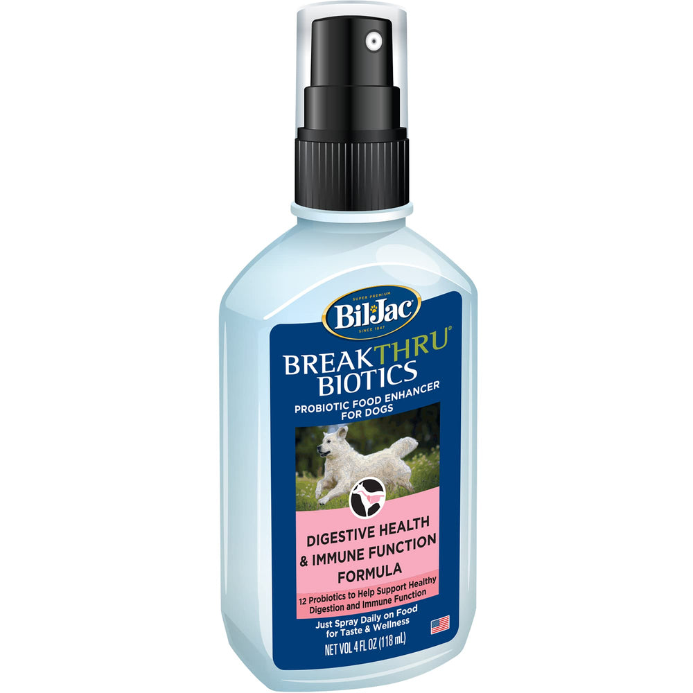 Bil-Jac BreakThru Biotics probiotic spray on food supports digestion and immune health for dogs.