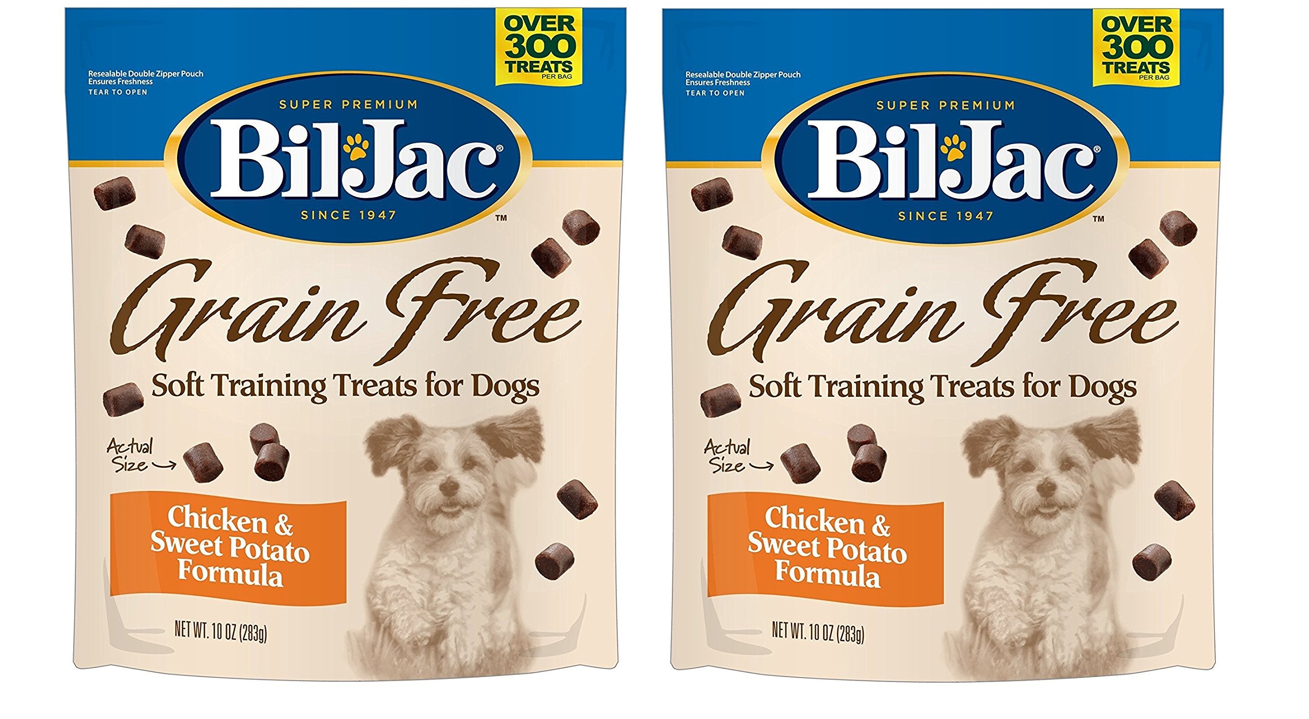 Bil-Jac grain-free soft treats bag featuring real chicken liver, ideal for training rewards