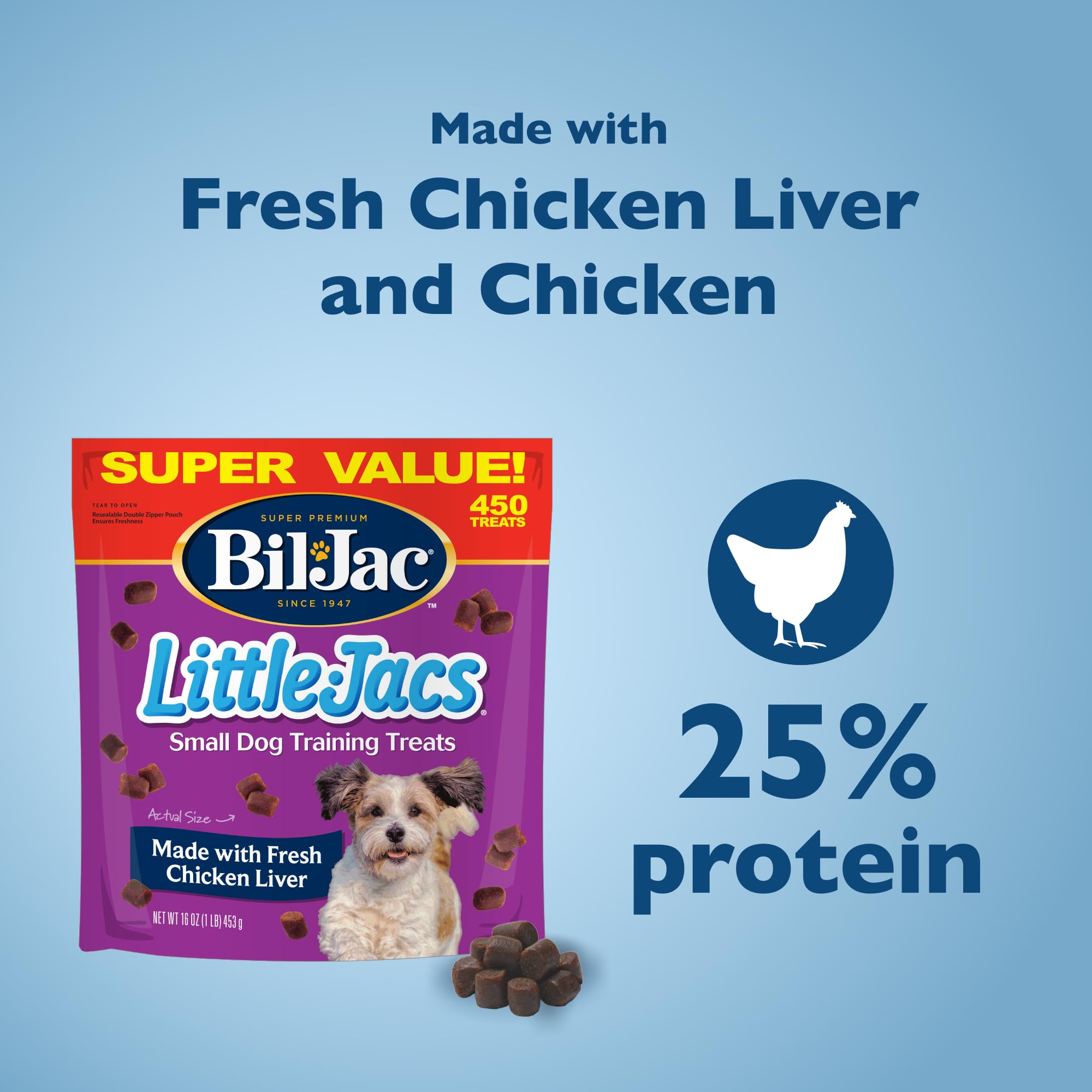 Bil-Jac Little Jacs resealable pouch emphasizes freshness and convenient training