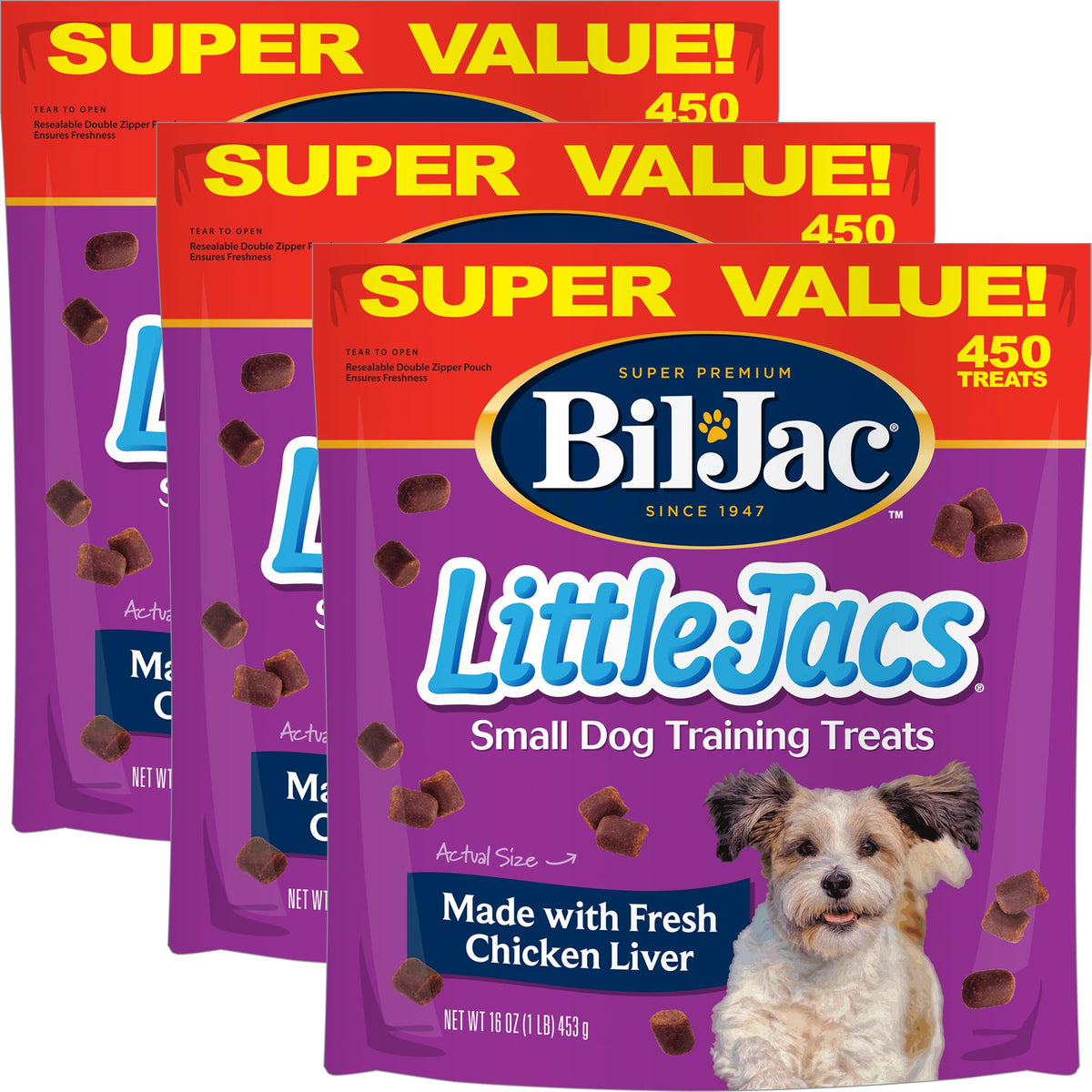 Bil-Jac Little Jacs chicken liver treats in a bag for small-dog training rewards