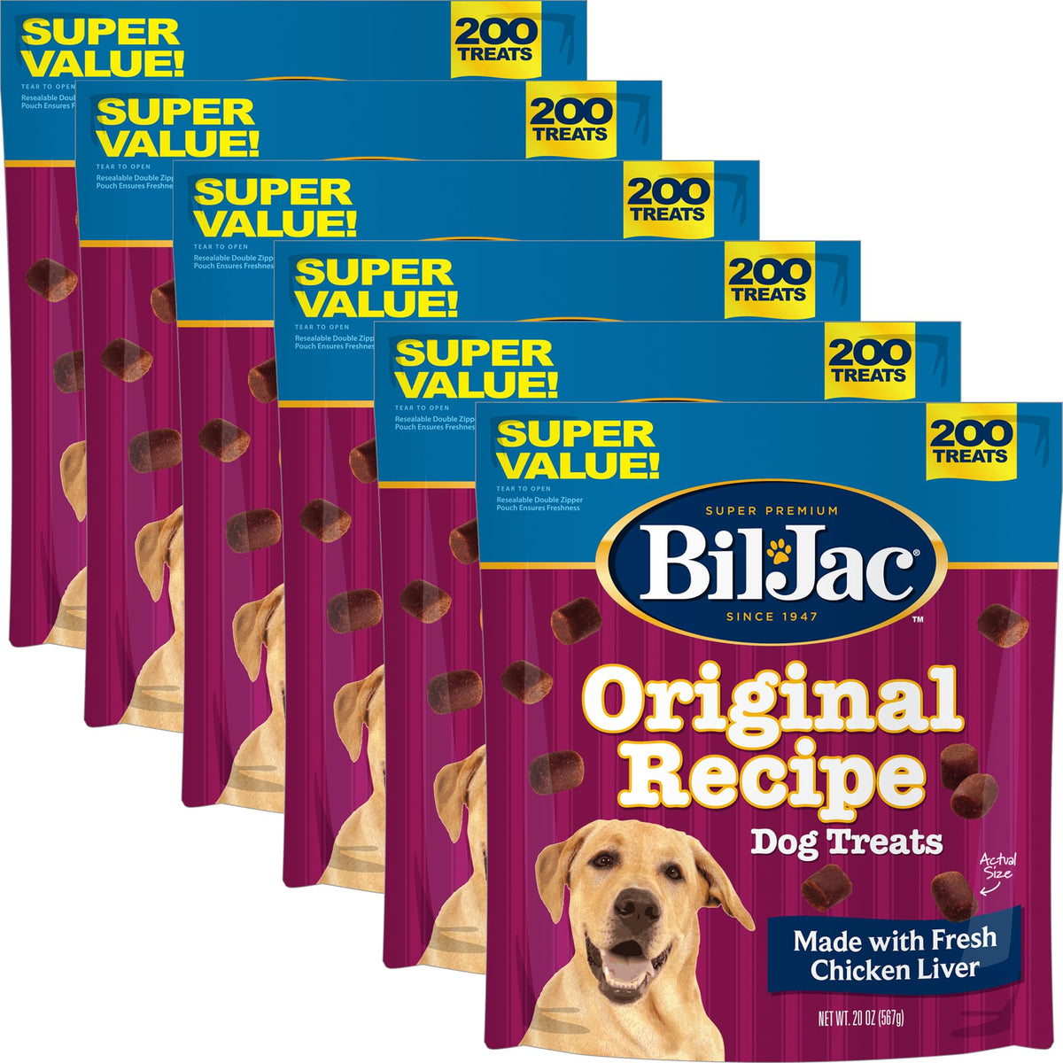 Bil-Jac Original Recipe Soft Dog Treats packaging with resealable pouch for fresh rewards