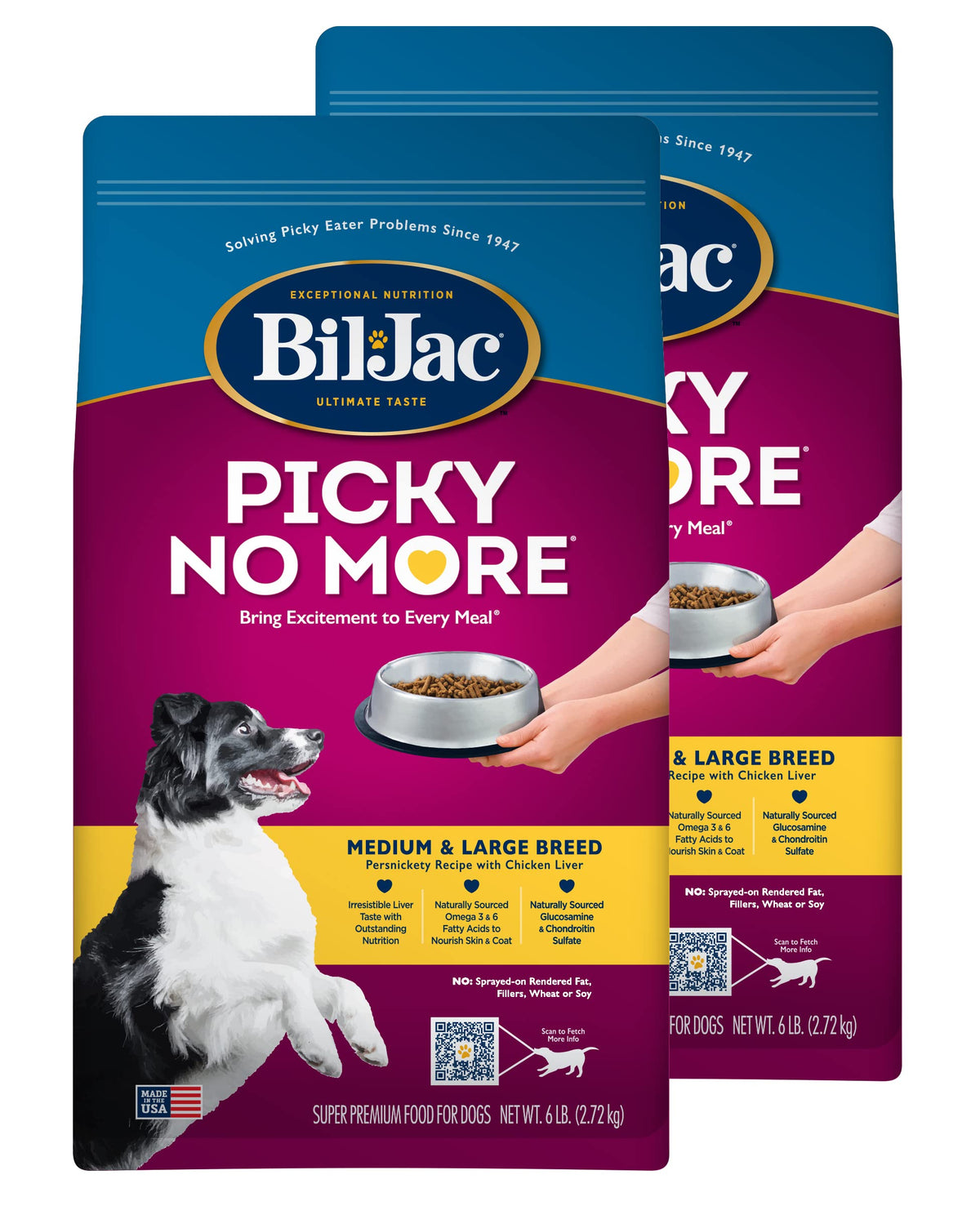 Bil-Jac Picky No More 6lb bag on display for easy meals and storage.