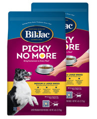 Bil-Jac Picky No More 6lb bag on display for easy meals and storage.