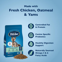 Bil-Jac small-breed senior dry dog food bag open emphasizes two-bag convenience and consistency.