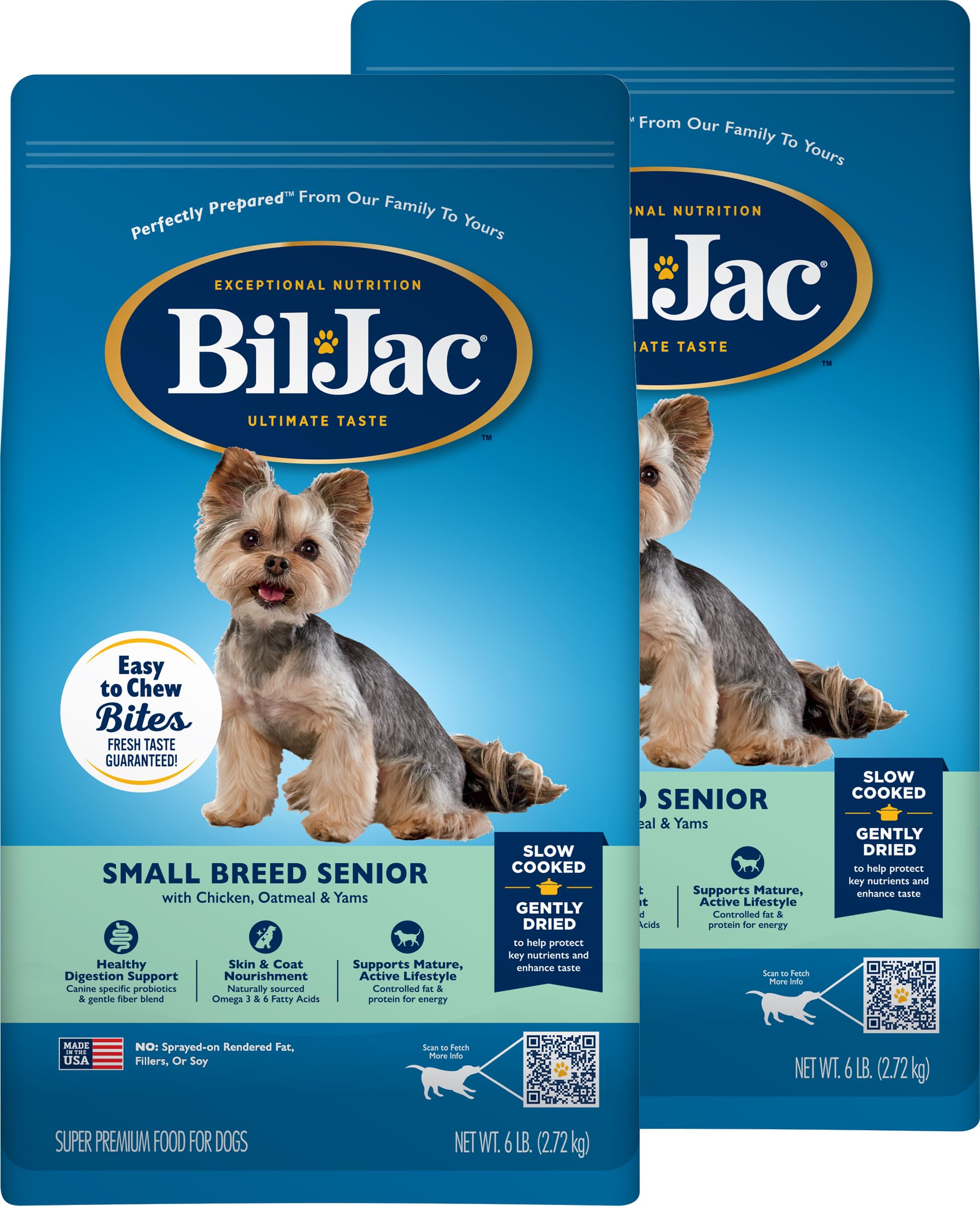 Bil-Jac Small Breed Senior dry dog food bags front show two-pack convenience for seniors.