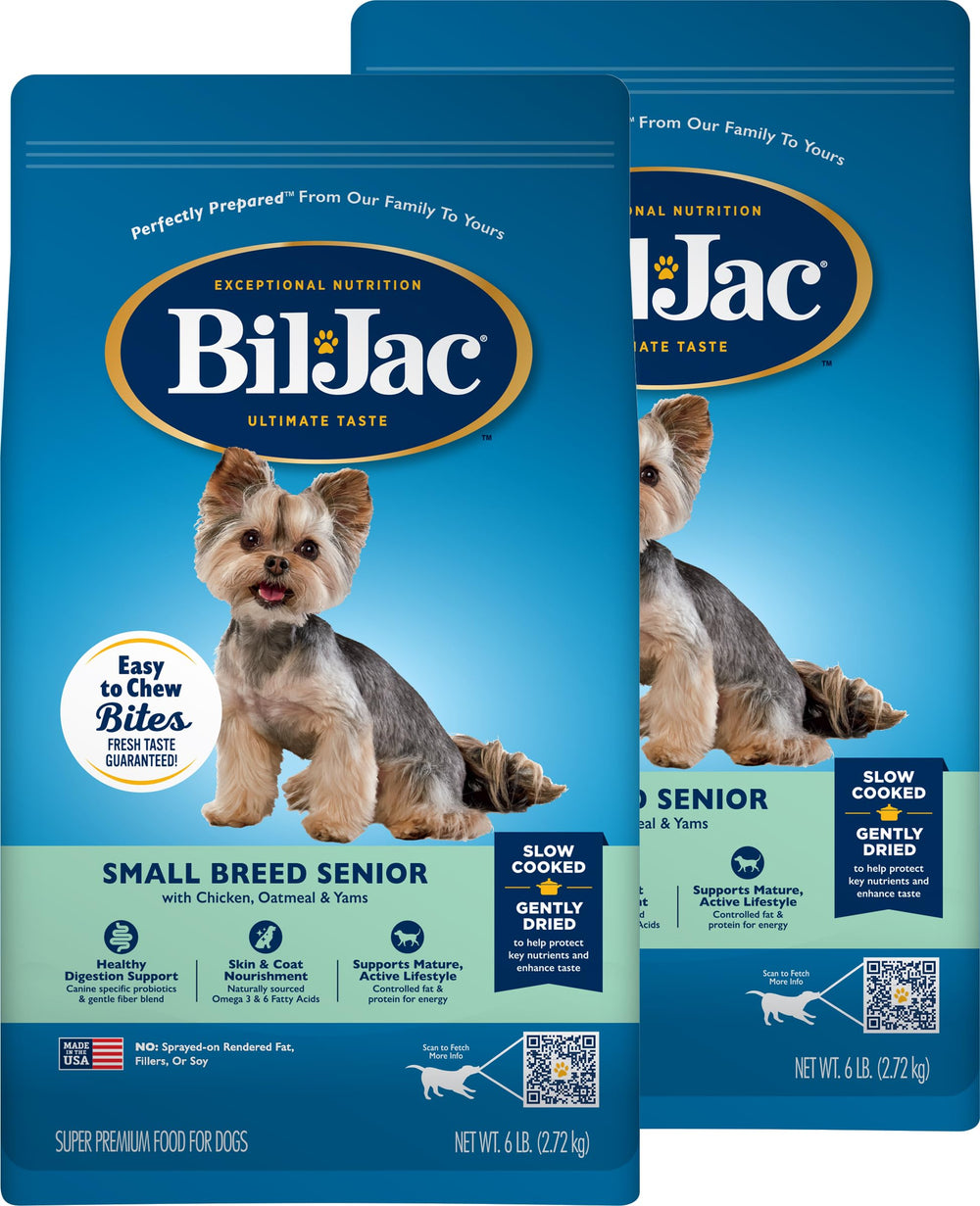 Bil-Jac Small Breed Senior dry dog food bags front show two-pack convenience for seniors.