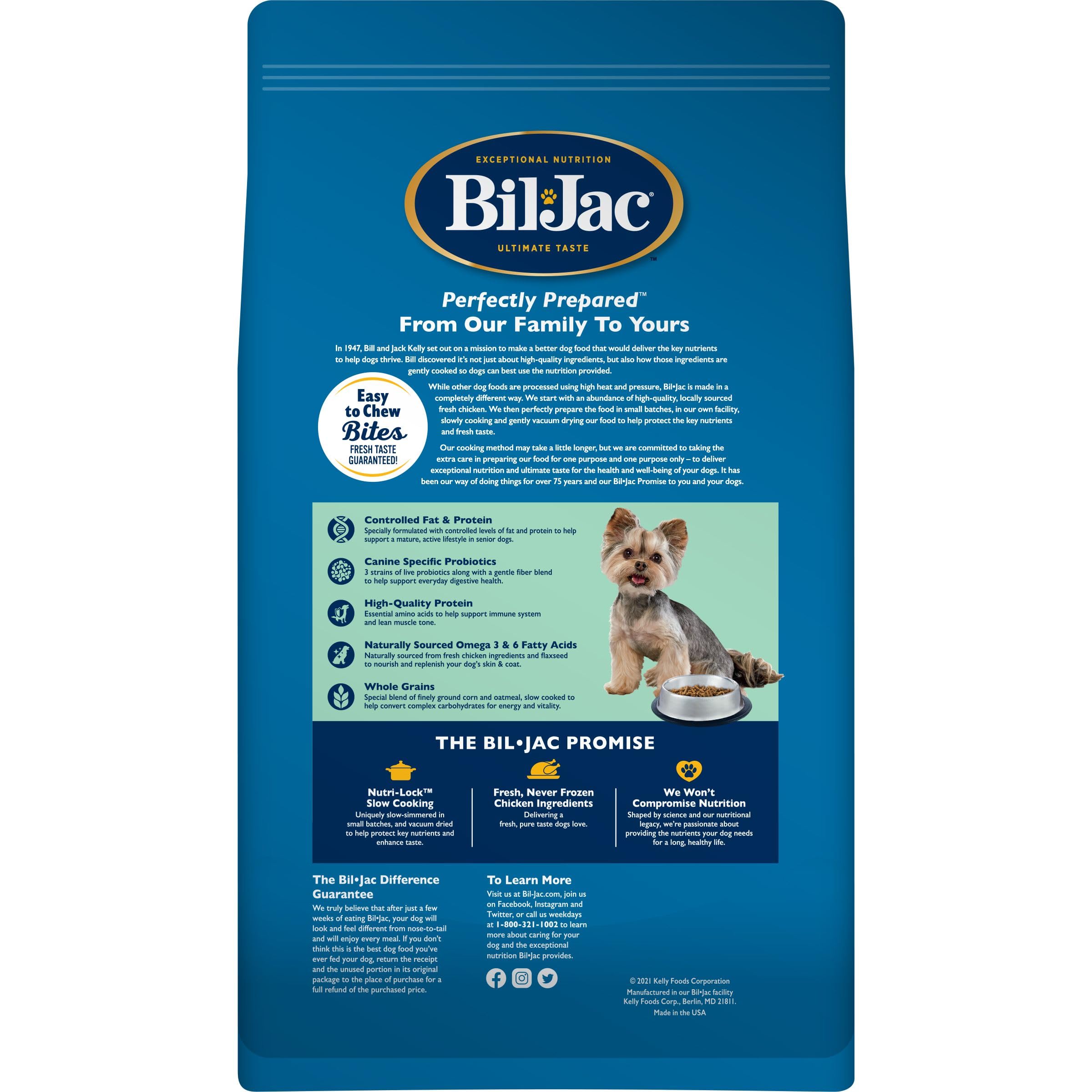 Bil-Jac small-breed senior kibble closeup highlights easy-to-chew texture for dental sensitivities.