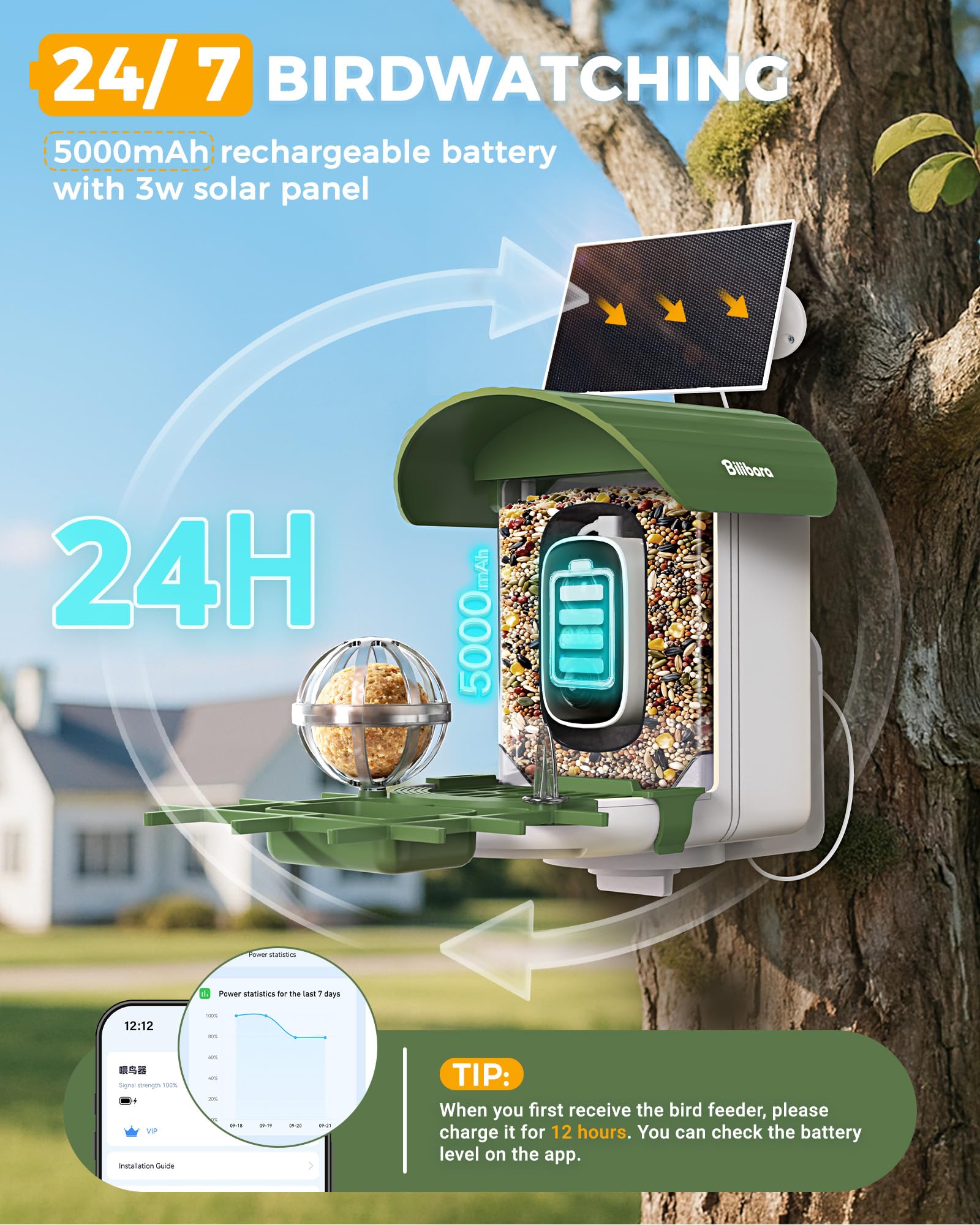 Bilibara bird-feeder solar panel image highlights eco-friendly charging for 24/7 monitoring.