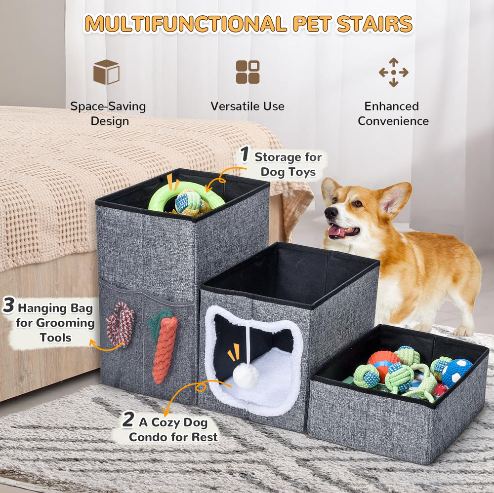 Bilibara Dog Stairs storage boxes show convenient toy and treat organization.