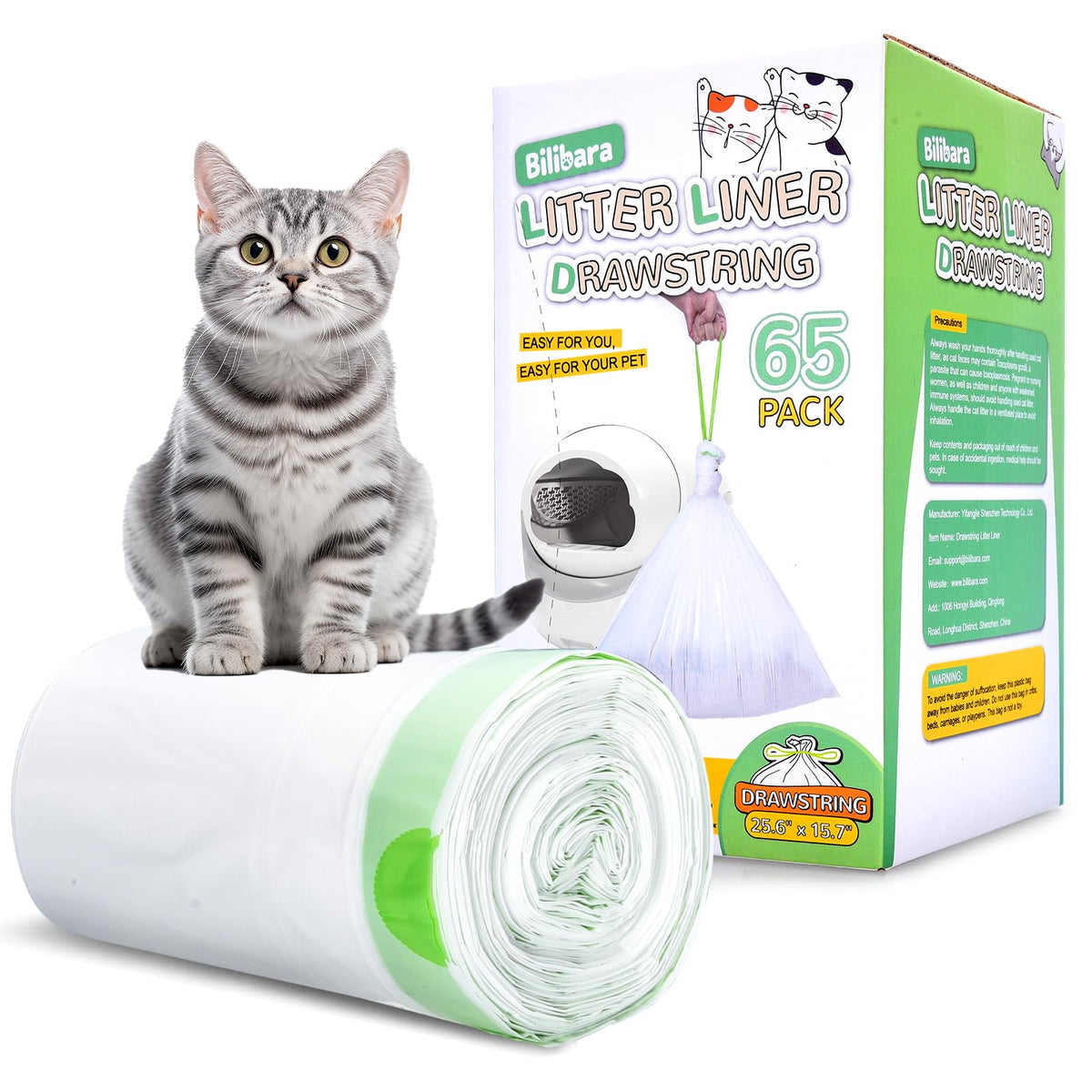 Bilibara drawstring cat litter bags roll shows easy dispensing and odor containment