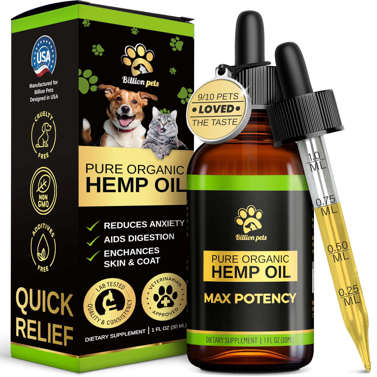 Billion Pets hemp oil dog bottle with dropper calms anxious dogs