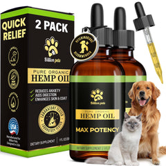 Billion Pets hemp oil drops bottle image shows a calming supplement for dogs and cats.