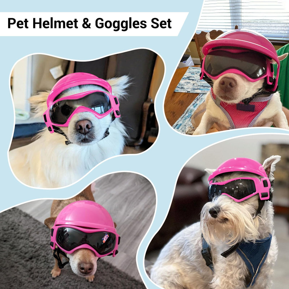 BillionChains dog goggles pink with hard lenses protecting eyes from wind and sun.