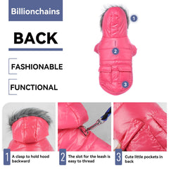Billionchains pink hooded coat, back-button hood keeps it from tipping forward.